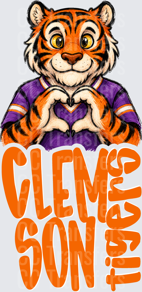 Clemson Tigers Mascot Heart Hands Cartoon (DTF)