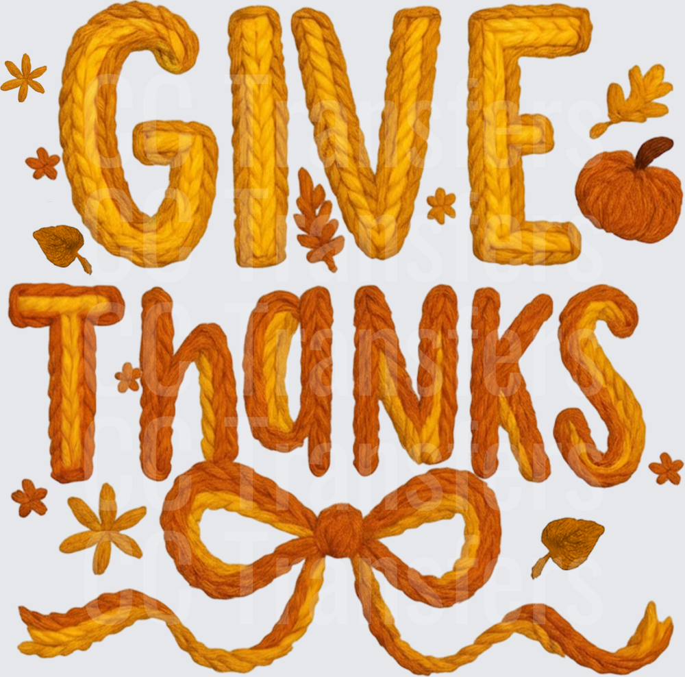 Give Thanks Knit Yarn Typography Fall Bow Pumpkin (DTF)