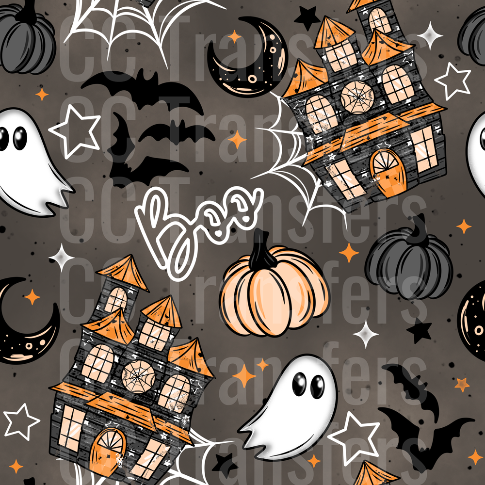 Halloween Boo Haunted House Ghost Bat Pumpkin Pattern (DTF)