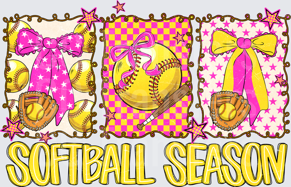 Softball Season Pink Yellow Bow Star Panel Design (DTF)