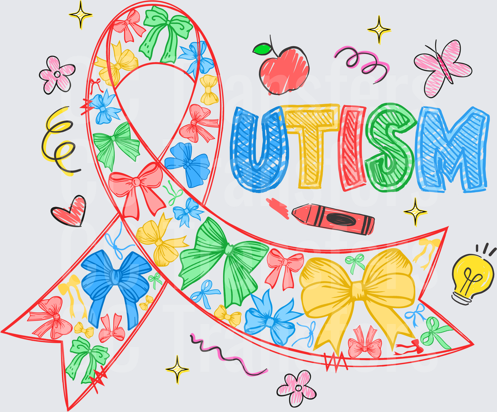 Autism Awareness Ribbon Colorful Bows Doodle Design (DTF)