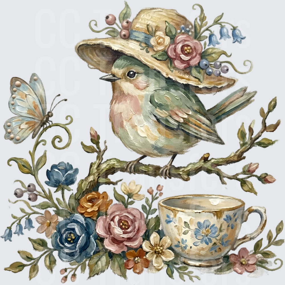 Vintage Bird in Floral Hat with Teacup and Butterfly (DTF)