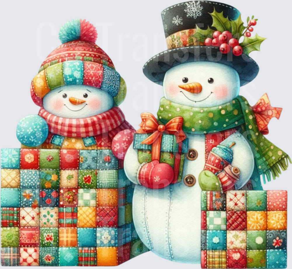 Whimsical Snowman Duo with Patchwork Quilted Gifts (DTF)