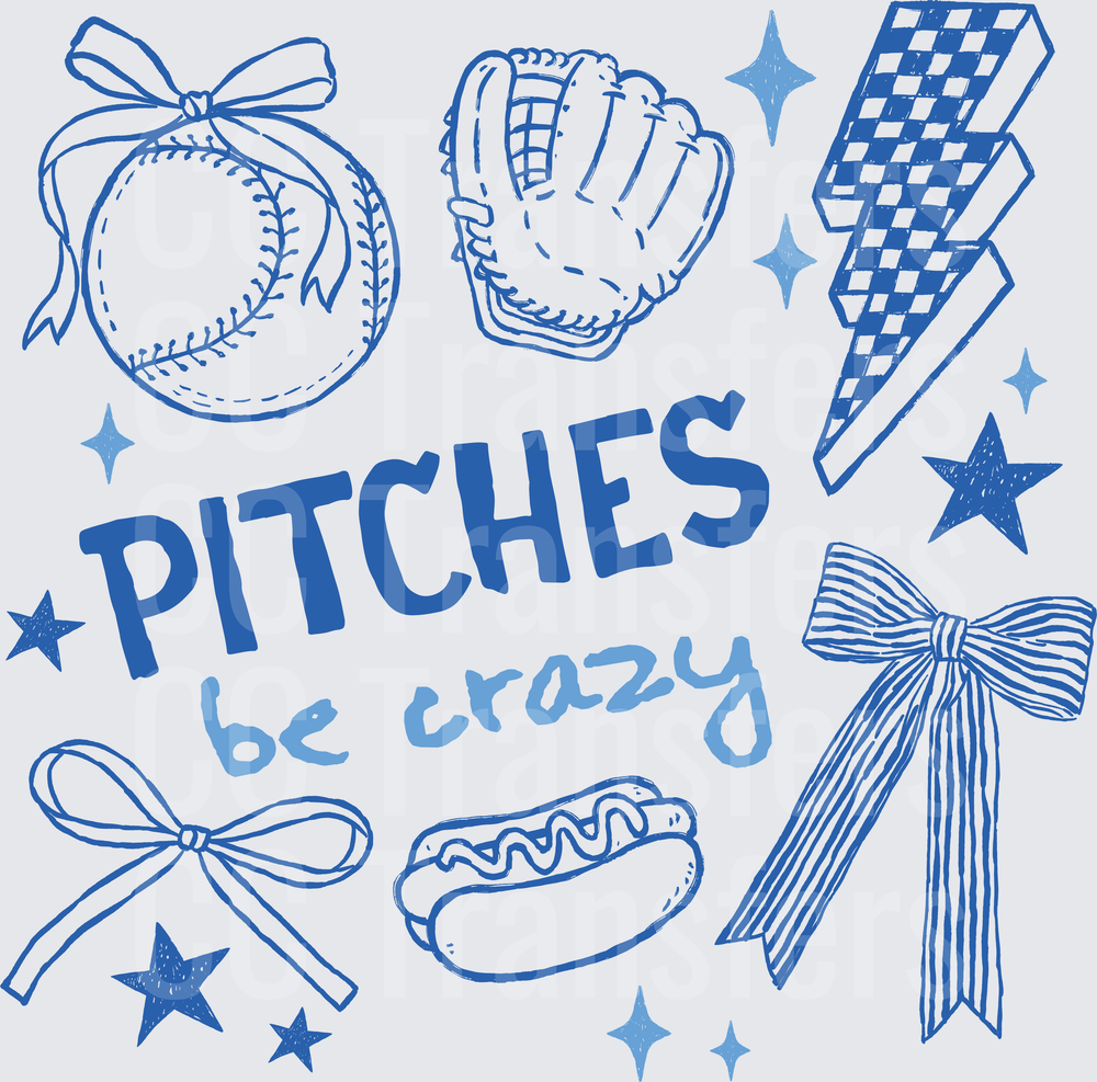Pitches Be Crazy Baseball Doodle Collage Blue (DTF)