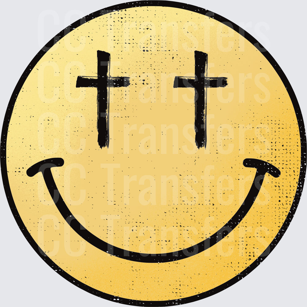 Gold Distressed Smiley Face with Cross Eyes (DTF)