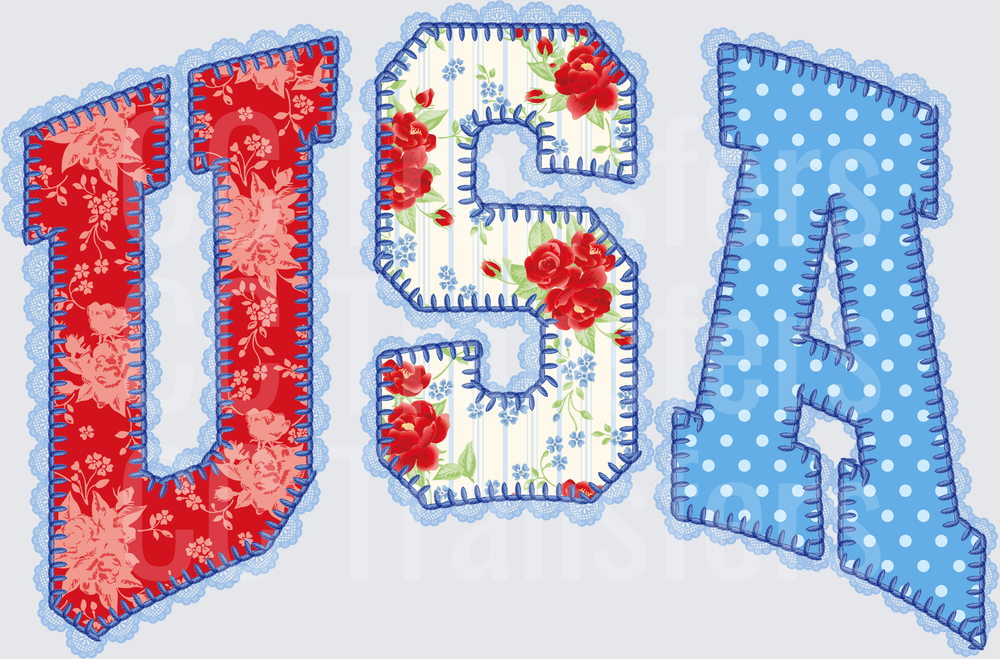 USA Patchwork Applique Floral Lace Letter Design (DTF)