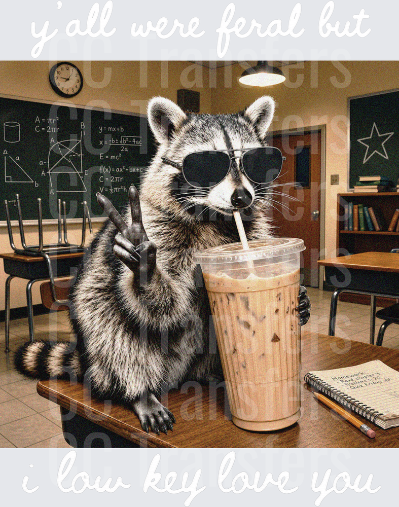 Cool Raccoon Sipping Iced Coffee in Classroom Peace Sign (DTF)
