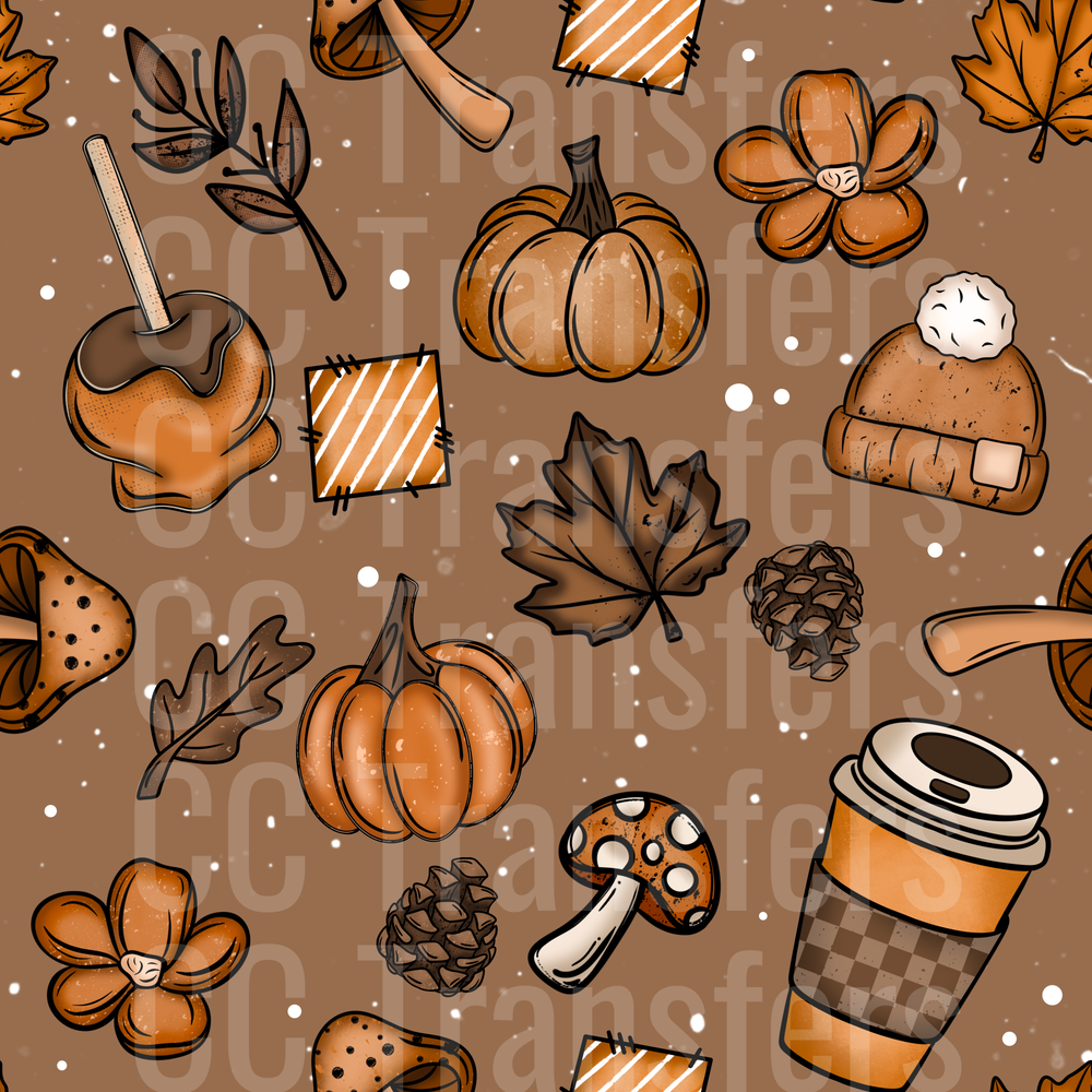 Autumn Fall Pumpkins Coffee Mushrooms Leaves Pattern (DTF)