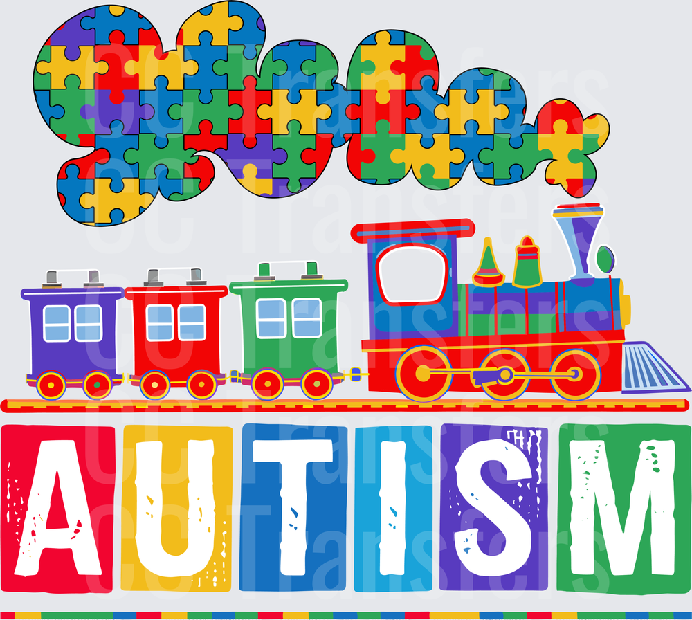 Autism Awareness Puzzle Piece Train Colorful Blocks (DTF)