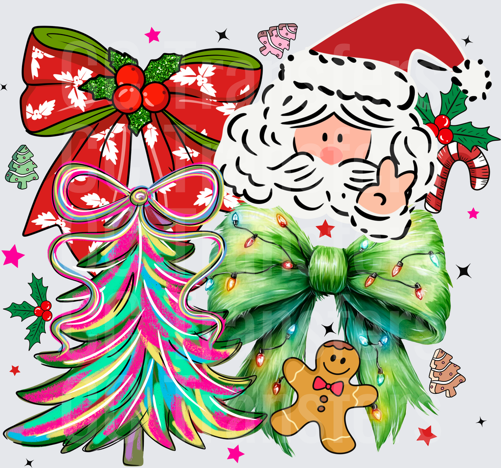 Jolly Santa Bows Christmas Tree Gingerbread Man Collage (DTF)