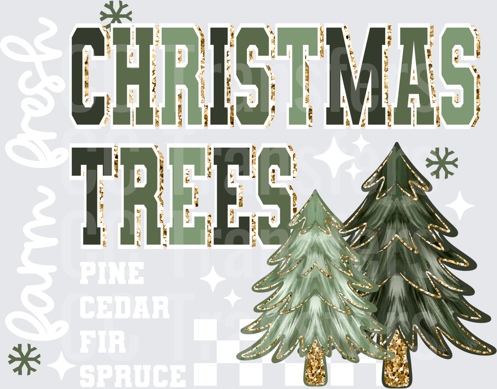 Christmas Trees Gold Glitter Green Snowflakes (DTF)
