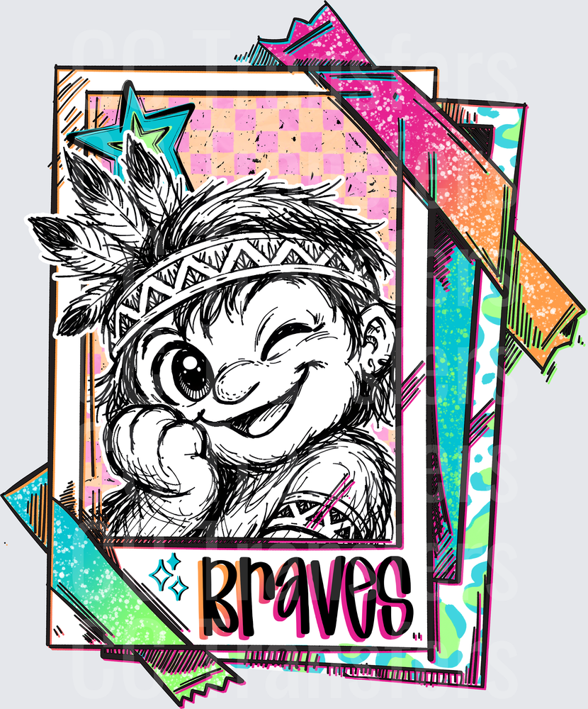 Braves Mascot Sketch Retro Polaroid Collage (DTF)
