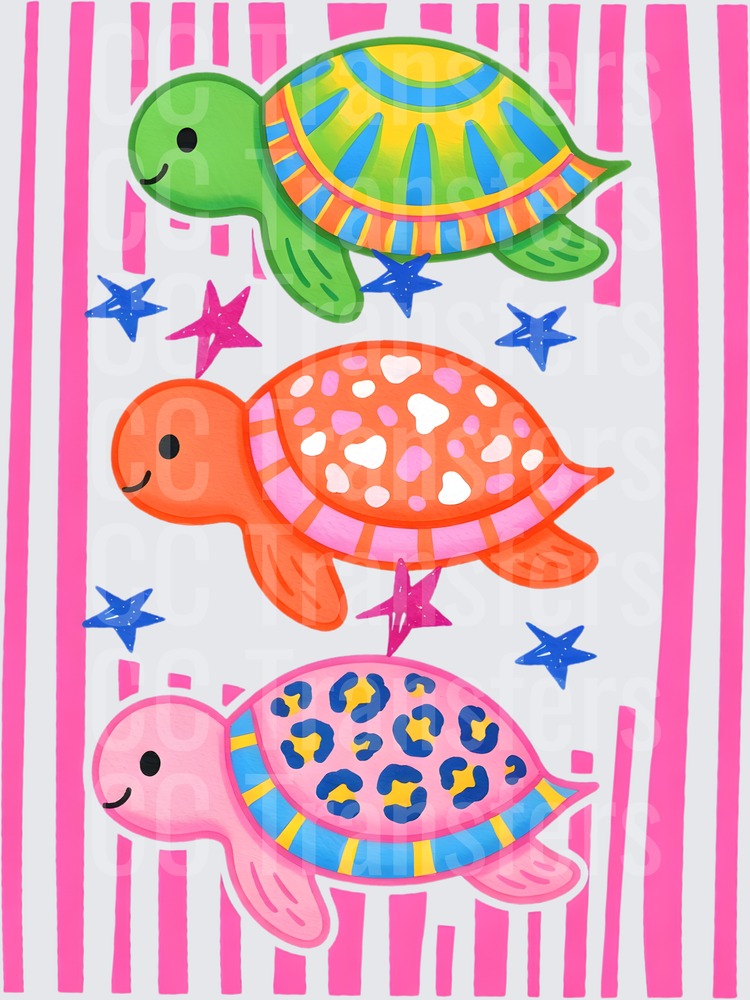 Cute Colorful Turtles with Stars Pink Stripe Background (DTF)