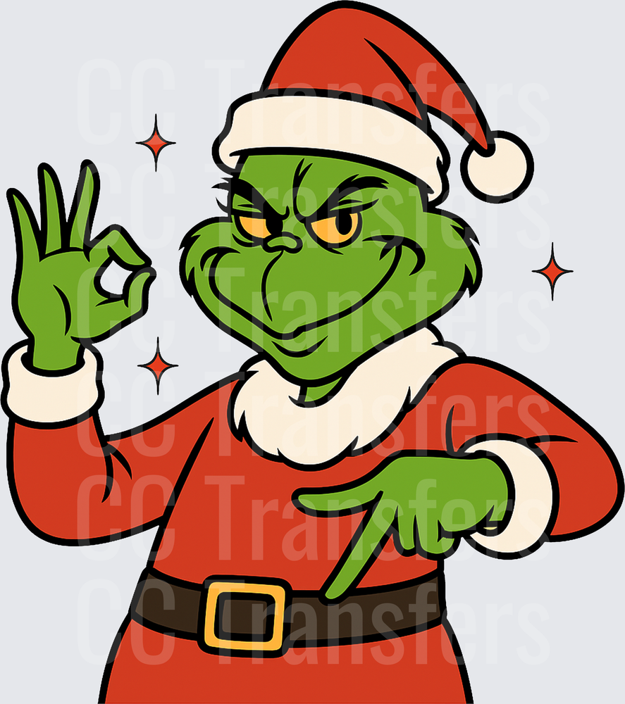 Sneaky Green Christmas Creature OK Hand Gesture Santa (DTF)