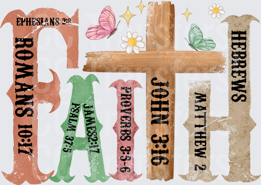Faith Cross Western Bible Verses Butterflies Floral (DTF)