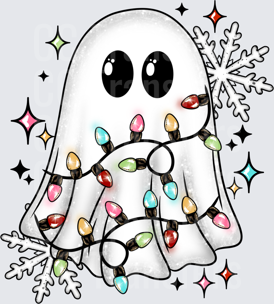 Cute Ghost Wrapped in Christmas Lights with Snowflakes (DTF)