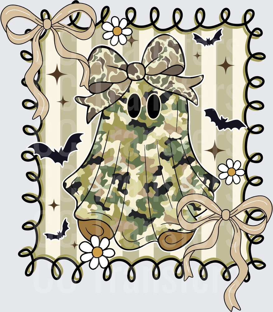 Camo Ghost With Bow Bats Daisies Stamp Frame Halloween (DTF)