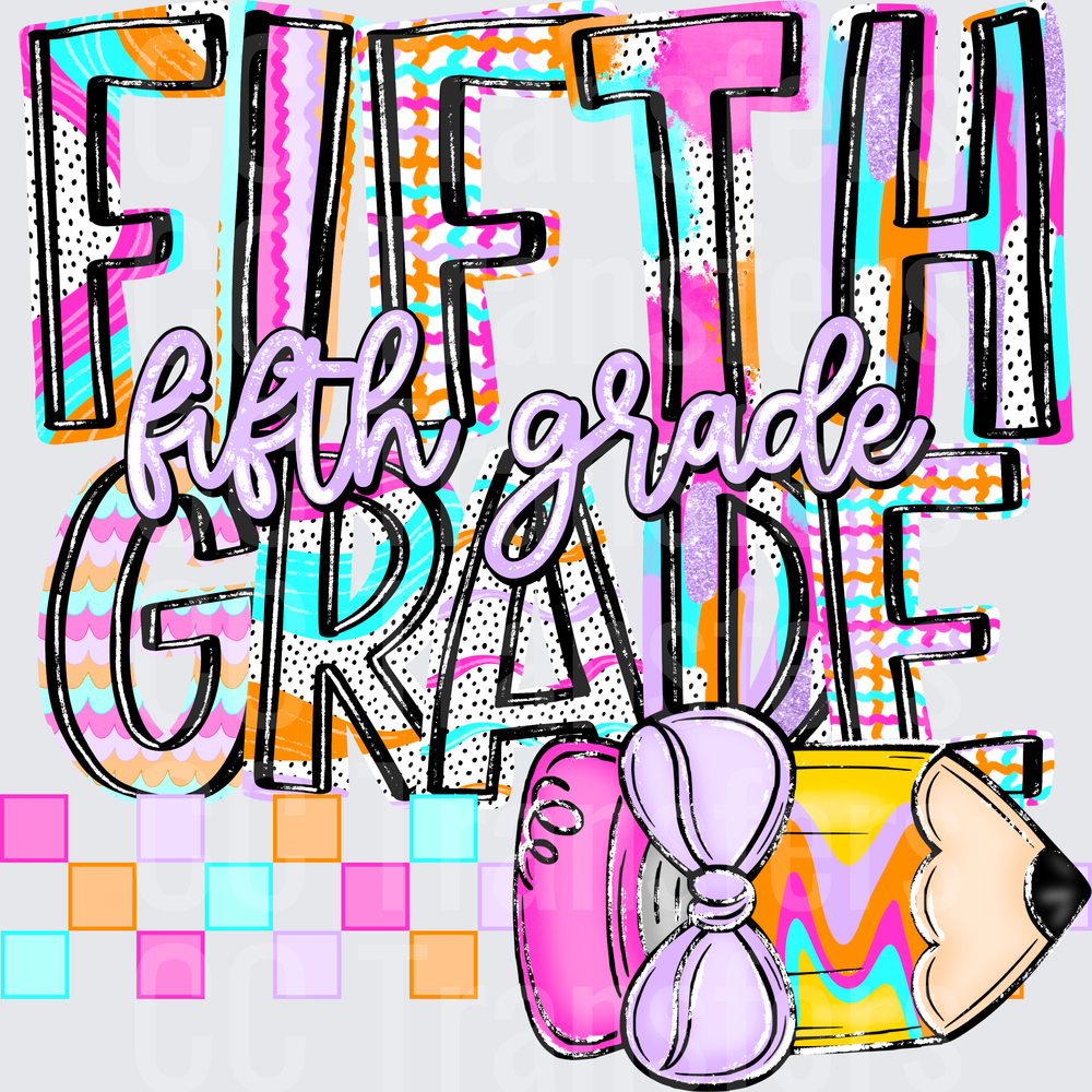 Fifth Grade Bold Colorful Doodle Letters Pencil Bow (DTF)