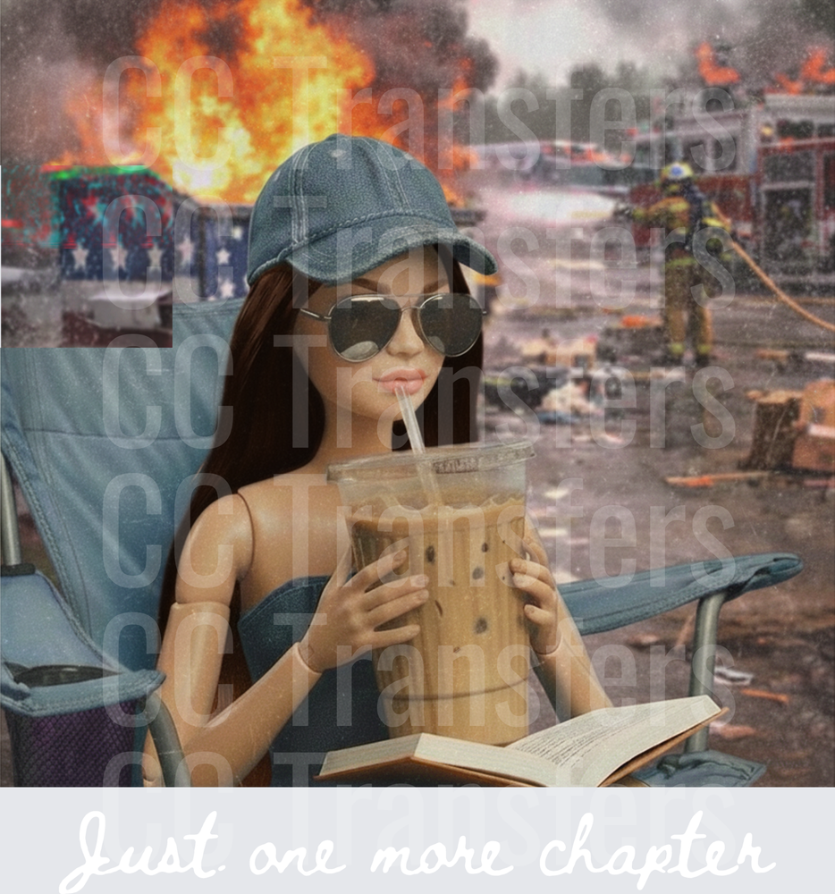 Unbothered Doll Sipping Iced Coffee Amid Chaos (DTF)