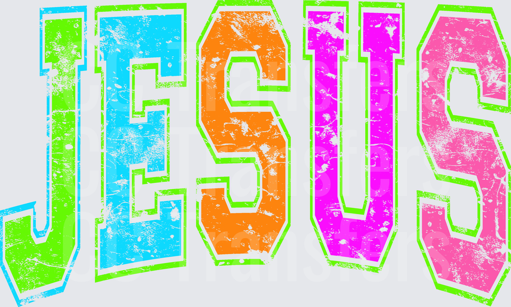 Neon Grunge Varsity Jesus Bold Colorful Letter Design (DTF)