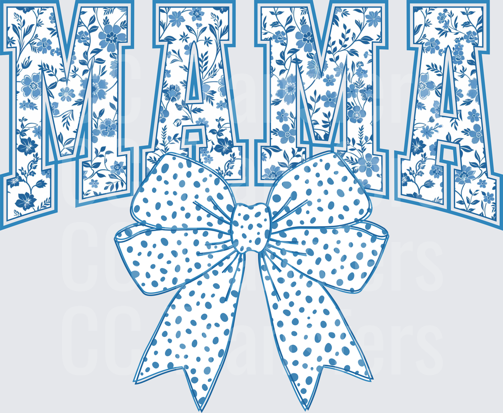 Blue Floral Varsity MAMA Letters with Polka Dot Bow (DTF)