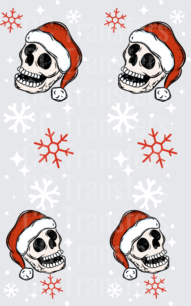 Grinning Skull Santa Hat Red Snowflakes Pattern (DTF)