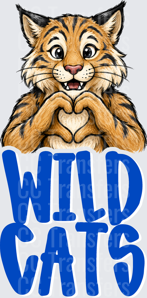 Cute Wildcat Mascot Heart Hands Blue Wildcats Text (DTF)