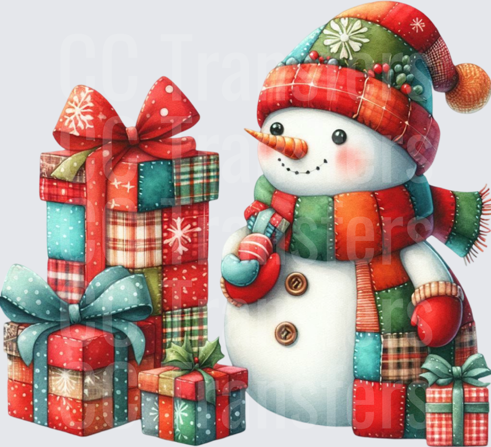 Patchwork Snowman with Stacked Christmas Gifts (DTF)