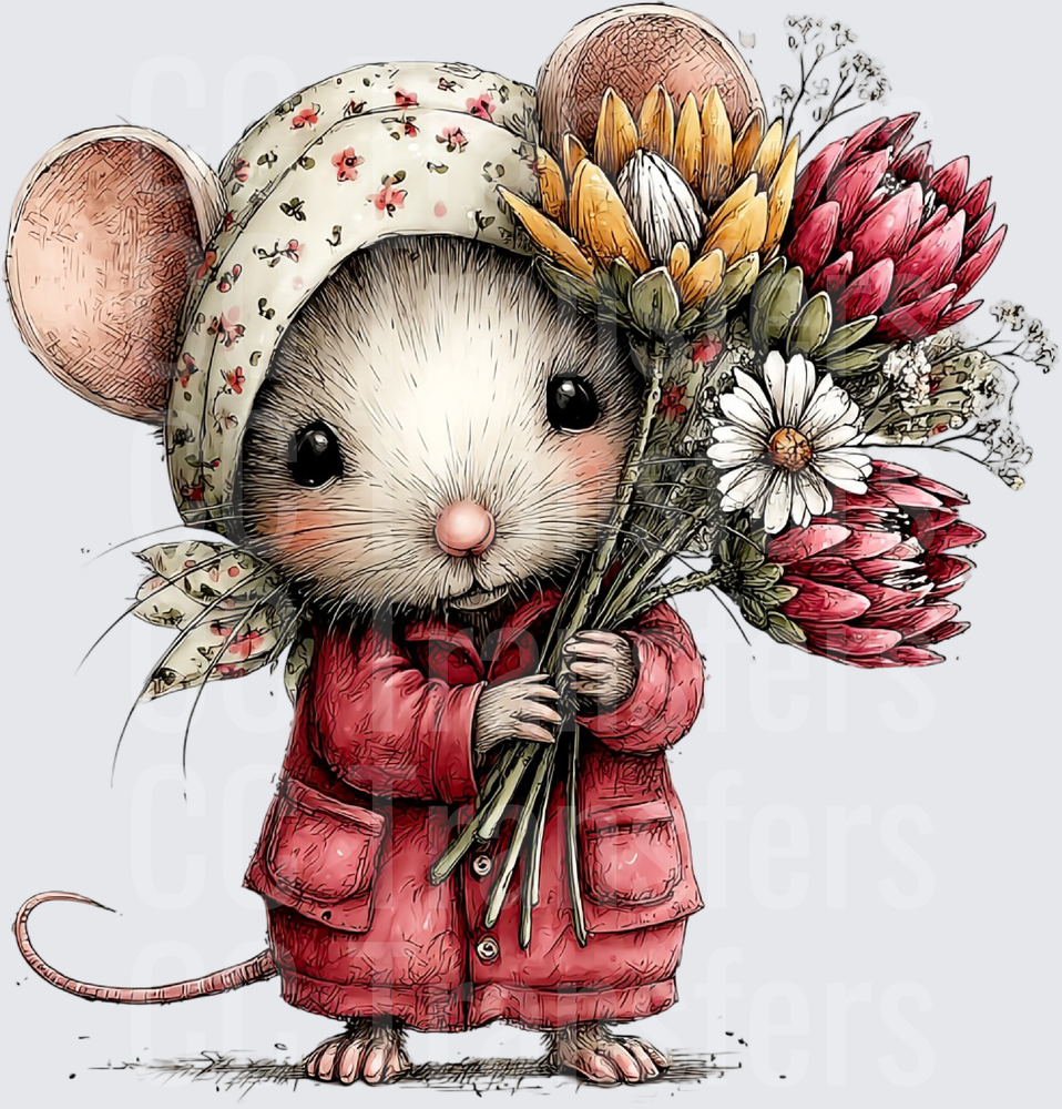 Whimsical Mouse in Red Coat Holding Wildflower Bouquet (DTF)