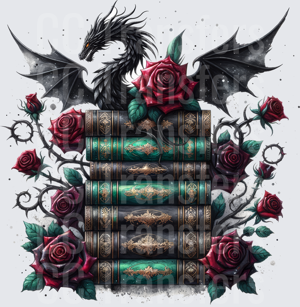 Dark Dragon Perched on Ornate Books with Red Roses (DTF)