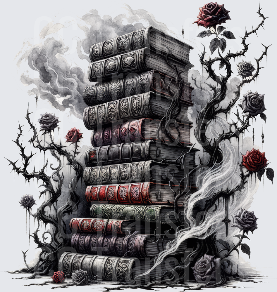 Gothic Stacked Ancient Books Thorny Roses Dark Smoke (DTF)