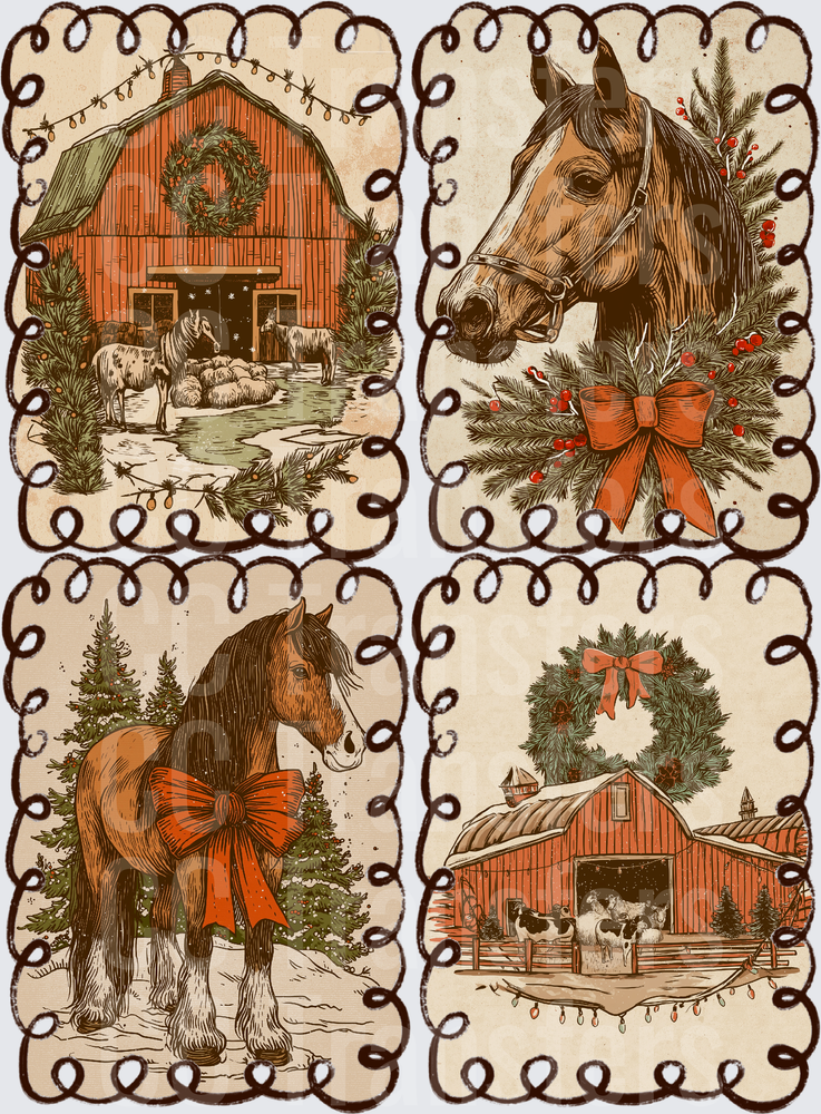 Vintage Christmas Farm Horse Barn Holiday Set (DTF)