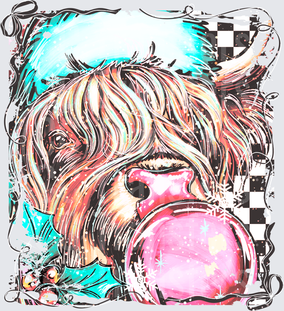 Christmas Highland Cow Blowing Pink Bubble Gum Santa Hat (DTF)