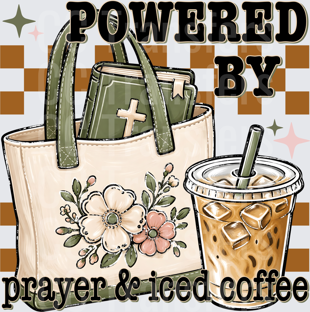 Powered By Prayer & Iced Coffee Floral Bible Tote (DTF)