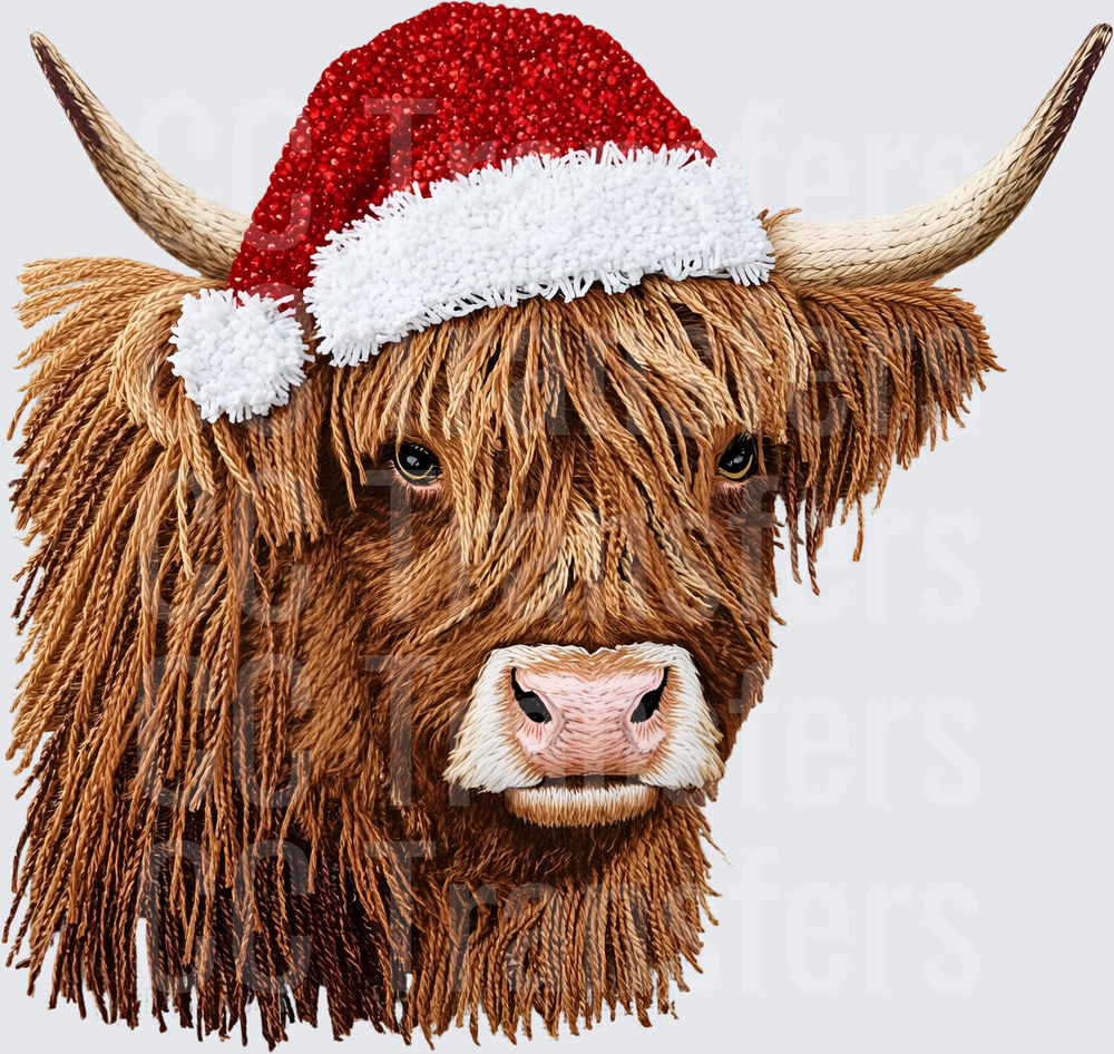 Fluffy Highland Cow Santa Hat Christmas Portrait (DTF)
