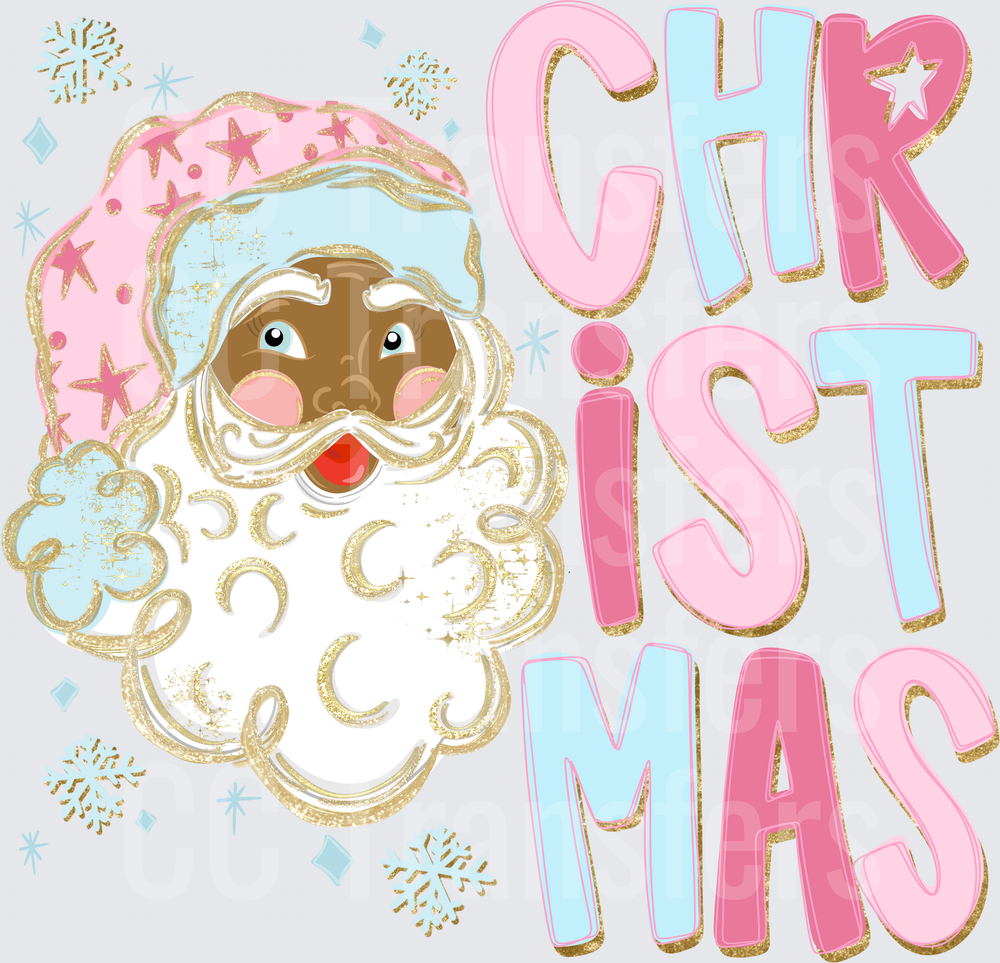 Pastel Pink Blue Gold Glitter Santa Claus Christmas (DTF)