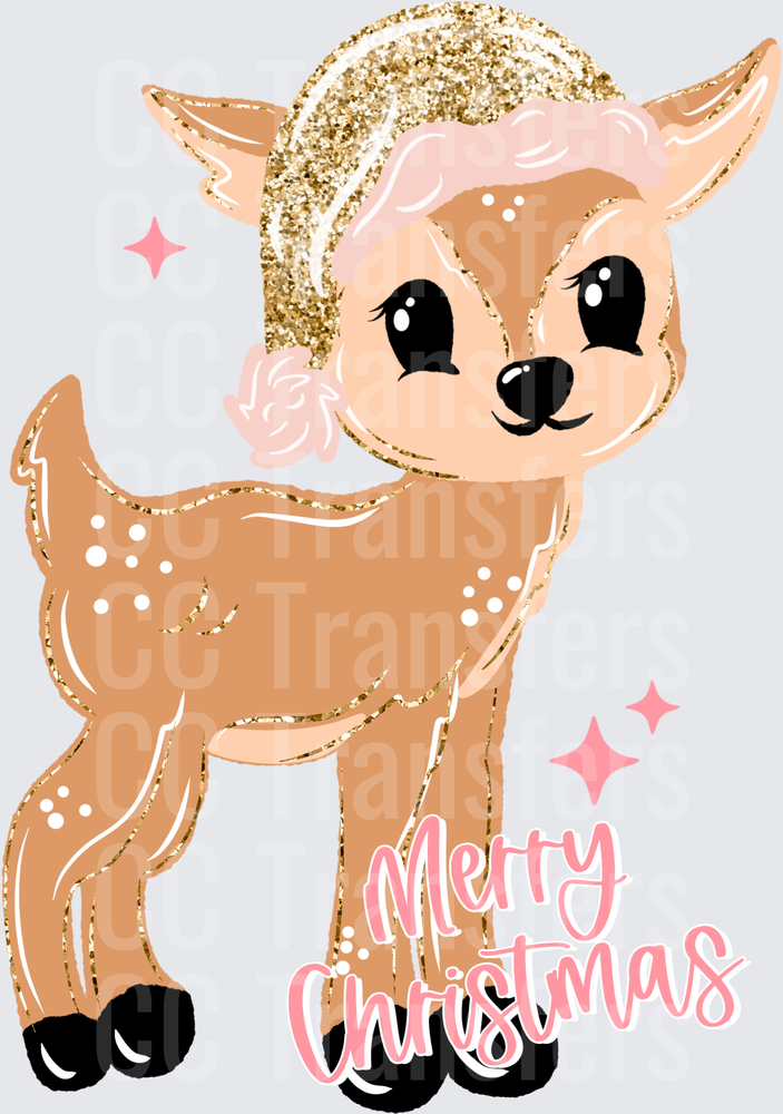 Cute Baby Deer Gold Glitter Pink Santa Hat Merry Christmas (DTF)