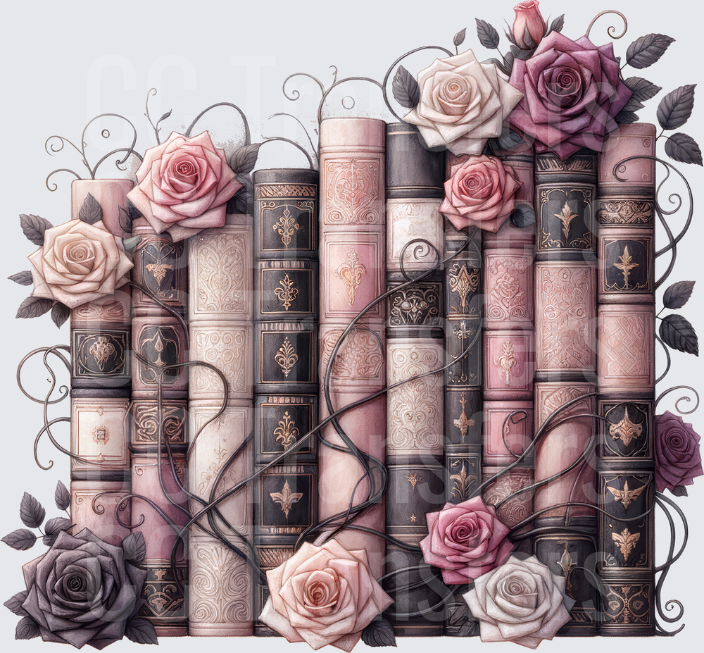 Vintage Ornate Books with Pink Roses and Dark Vines (DTF)