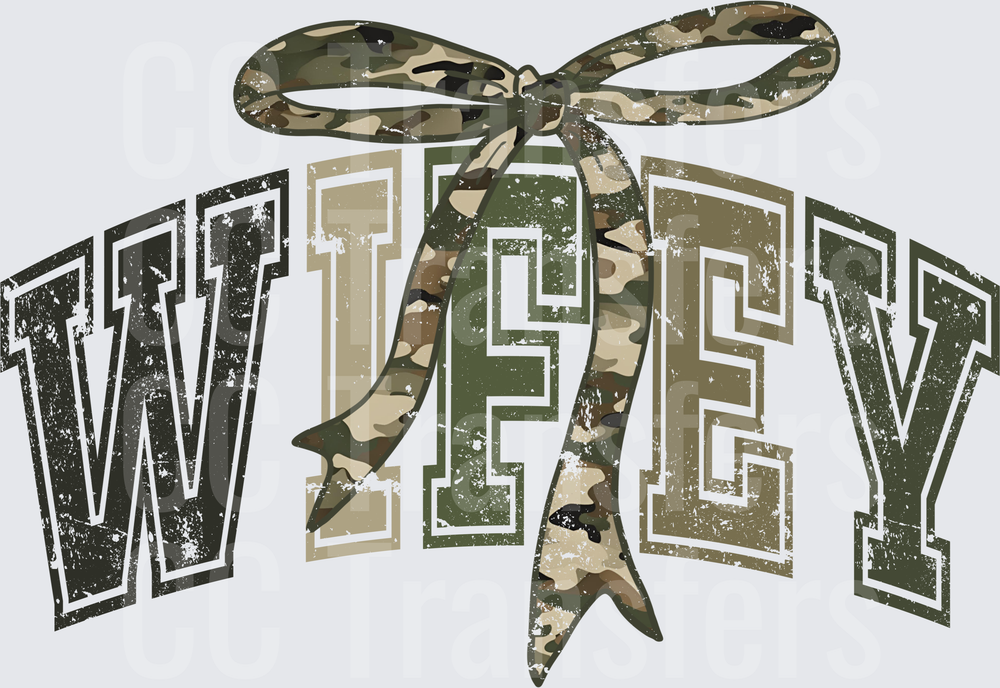 Wifey Camo Varsity Letters with Bow Tie DTF