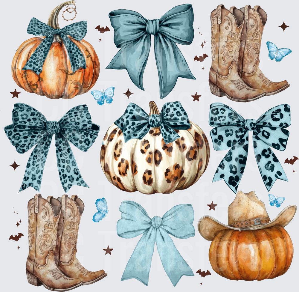 Western Fall Pumpkins Bows Cowboy Boots Halloween (DTF)