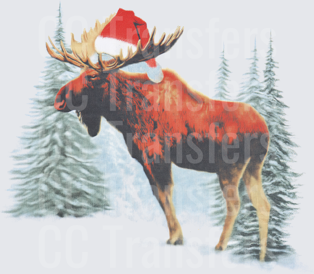 Bull Moose Santa Hat Snowy Winter Forest Scene (DTF)