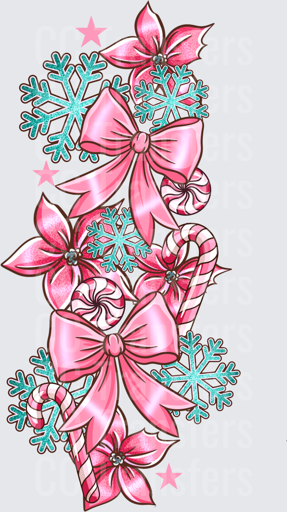 Pink Christmas Bows Candy Canes Snowflakes Poinsettias (DTF)