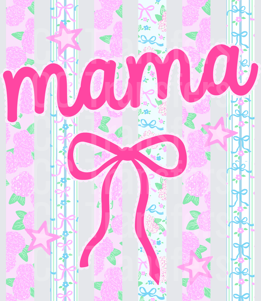 Mama Hot Pink Bow Stars Floral Stripe Pattern DTF