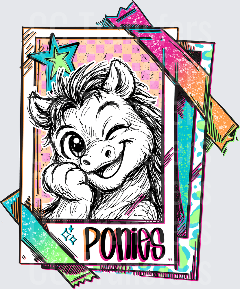 Retro Sketch Pony Portrait Polaroid Stack (DTF)