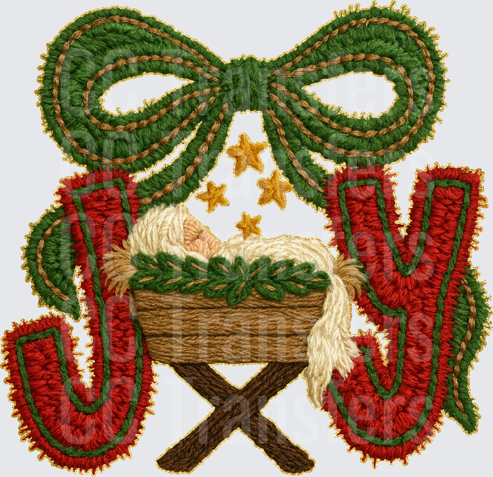JOY Nativity Manger Baby Jesus Embroidery Style Christmas (DTF)