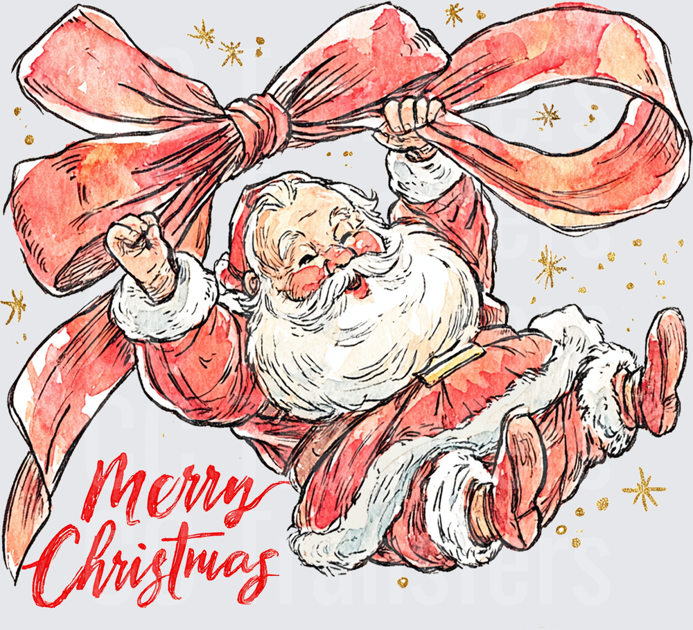 Jolly Santa Claus Hanging From Giant Red Bow Merry Christmas (DTF)