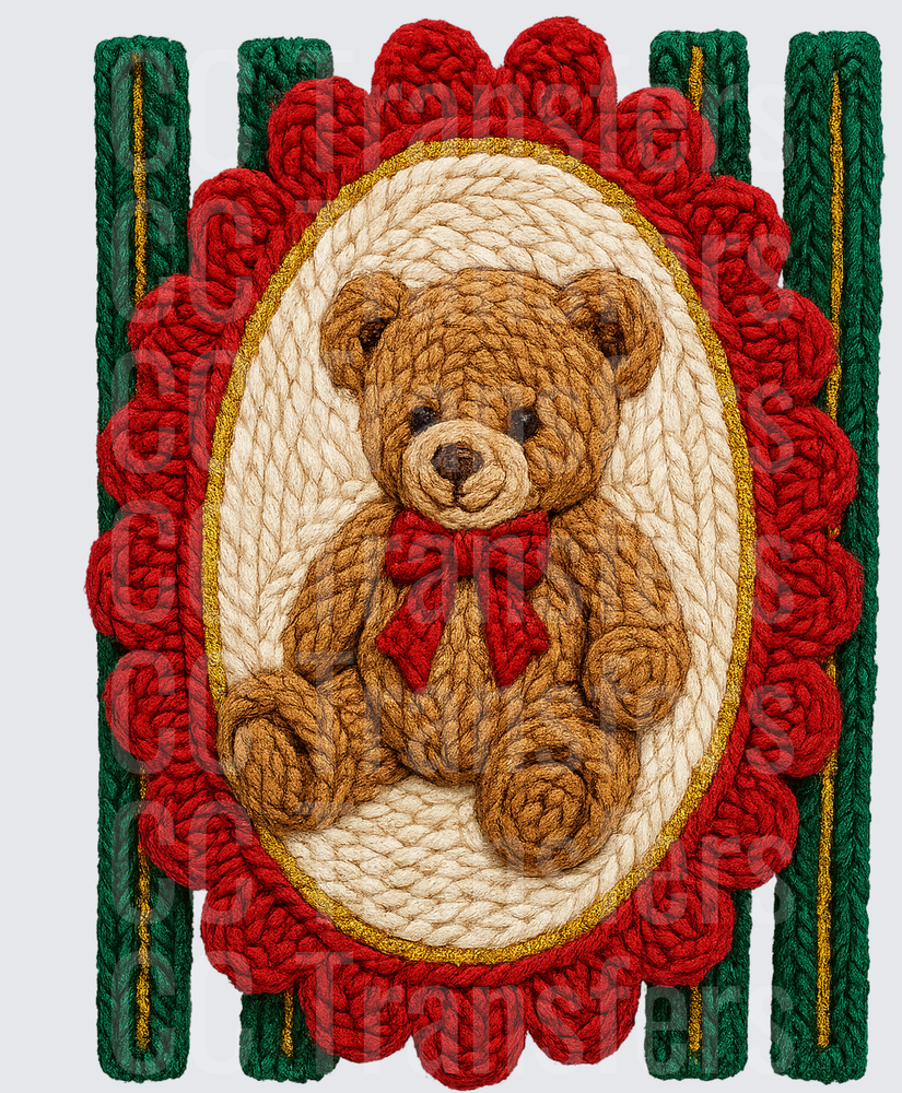 Crochet Teddy Bear Red Bow Christmas Oval Frame (DTF)