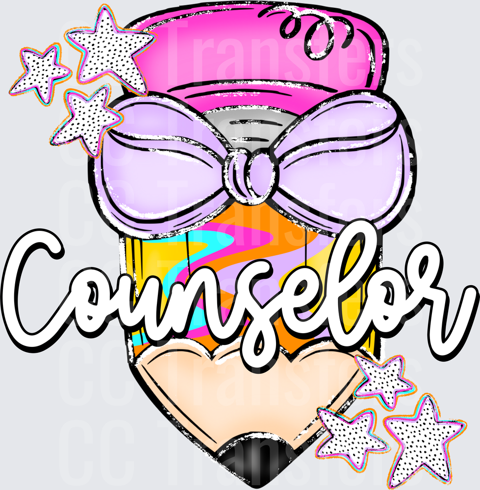 Counselor Pencil with Bow Stars Script (DTF)