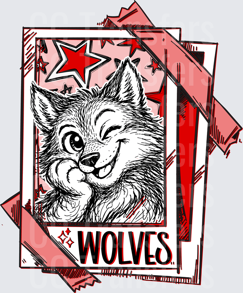 Smirking Wolf Portrait Red Stars Polaroid Card Wolves DTF