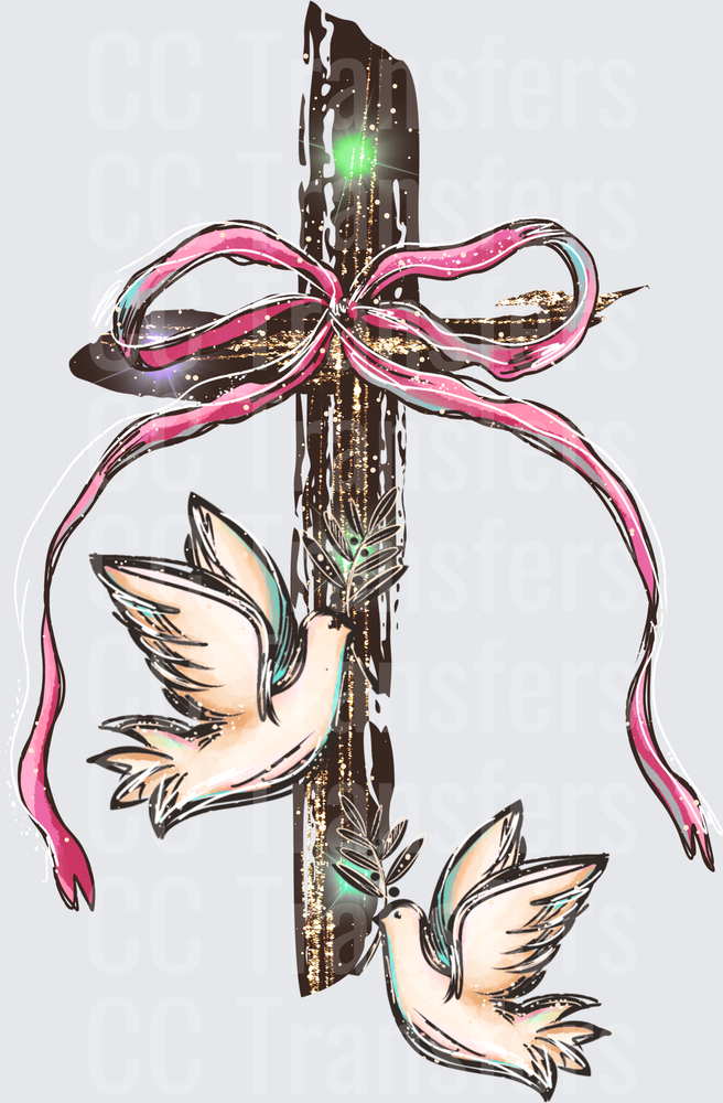 Rustic Cross Pink Bow Two Peace Doves Olive Branch (DTF)